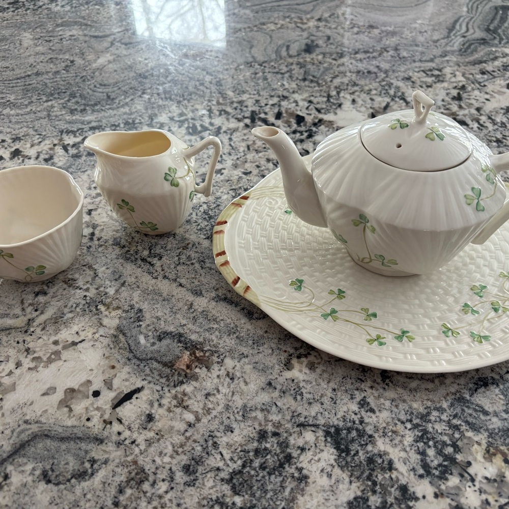 NWT Belleek White shamrock Teapot bread plate and cream and sugar bowel China